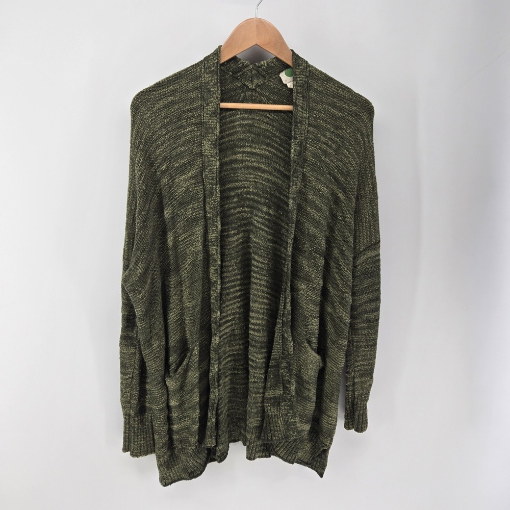 Anthropologie Cardigan Women Small Green Open Front Pocket Space Dye Sweater